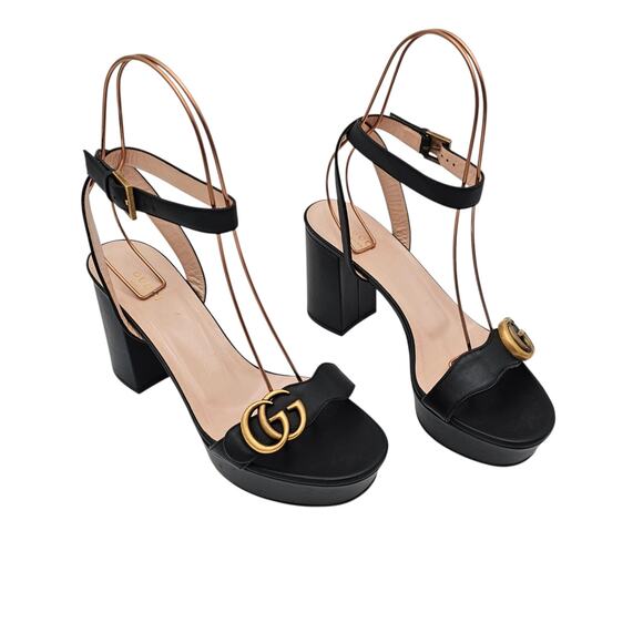Gucci GG Logo Marmont Platform Sandal Black Leather Block High Heel Size 39 US 9 - Picture 1 of 11